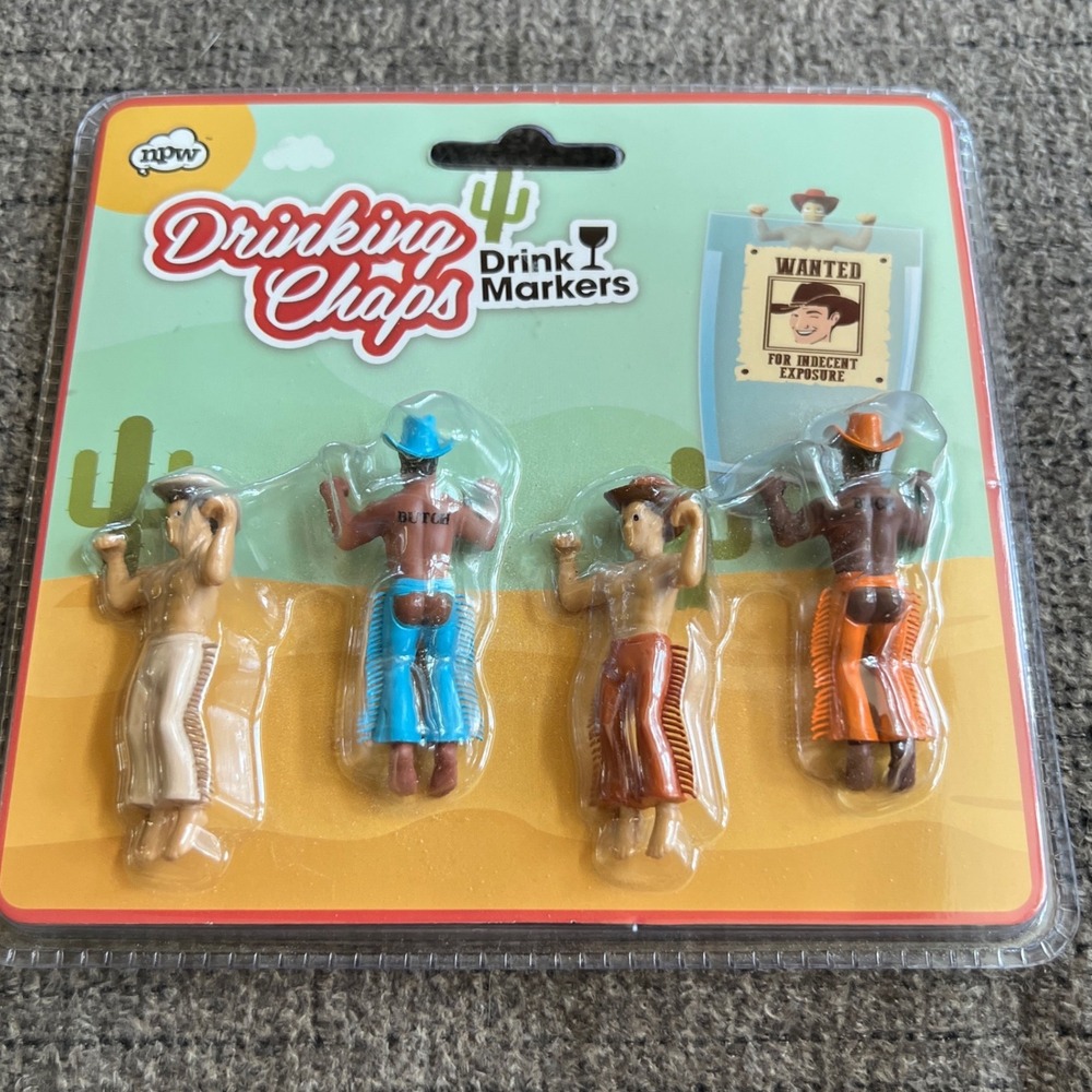 NPW Drinking Chaps Drink Markers Set of 4 Cowboy Novelty Glass Identifiers